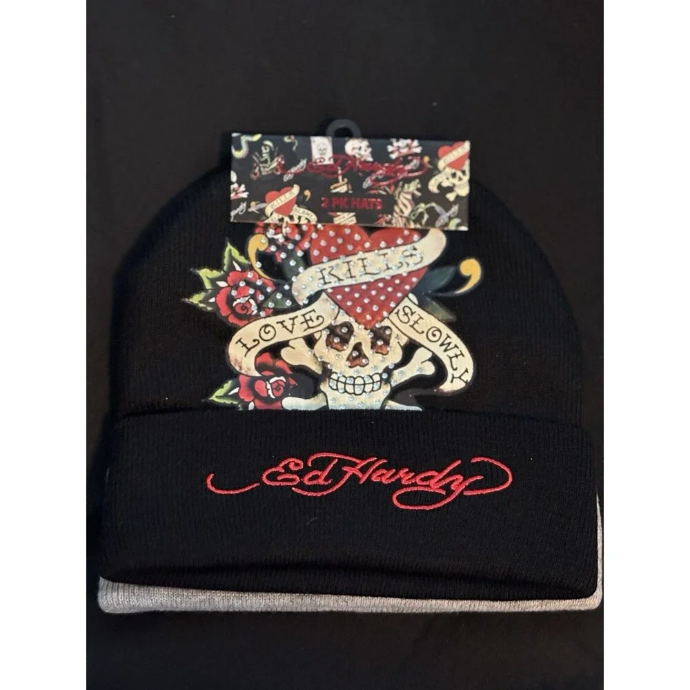 Ed Hardy Logo Designer 2 Pack Beanie Hat Skull Love Kills Tiger Black Grey Y2K